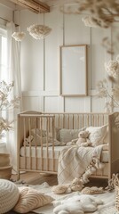 Craft a gender-neutral nursery with soft pastel tones and cozy textiles, featuring a wall mockup with a blank text frame above a crib, adorned with 3D pictures of fluffy clouds and