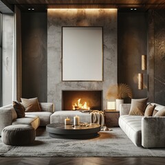 A cosy modern home interior featuring a living room with plush sofas and warm lighting, with a wall mockup showcasing a blank text frame above the fireplace.