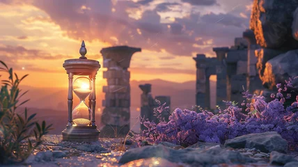Foto op Canvas An hourglass rests at the ruins of a civilization. © sema_srinouljan