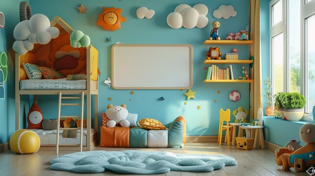 Design a whimsical children's bedroom with playful colors and imaginative decor, incorporating a wall mockup with a blank text frame above a bunk bed, surrounded by 3D pictures of 