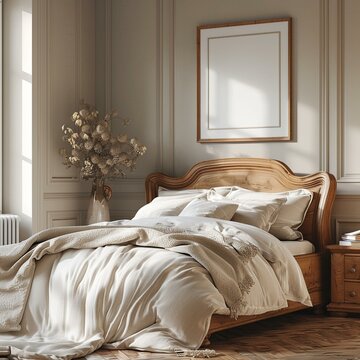 Render a sophisticated guest bedroom with timeless elegance and plush bedding, highlighting a wall mockup with a blank text frame above a sleigh bed, paired with 3D pictures of cla