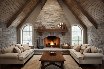 Country Style Stone Texture Fireplace in Vaulted Ceiling Living Room Designs