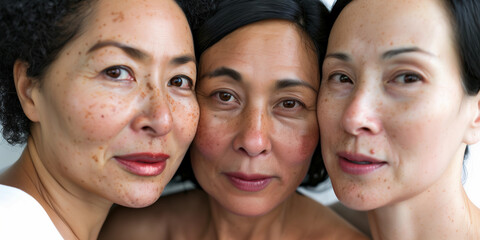 Closeup of three older beautiful Asian friends or sisters in 50s  glowing smooth skin for menopause...