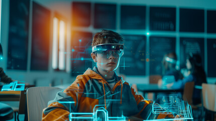 Innovation Unleashed Child Wearing VR Glasses Studies Hologram