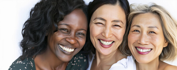 Closeup of three older beautiful diverse friends in 40s  glowing smooth skin for peri menopause skincare health in and anti-aging selfcare salon products female empowerment International Womens day