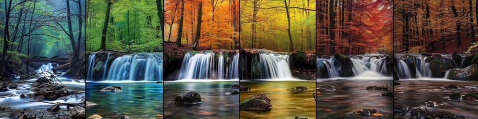 Obraz premium A series of pictures show a waterfall in different colors, AI
