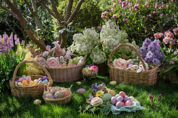 Baskets filled with decorated eggs and spring blooms on grass