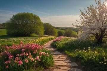 a path in the middle of a field of flowers, blossoming path to heaven, garden landscape, springtime morning, leading to a beautiful, a beautiful landscape, stone paths, stone pathways, spring evening.