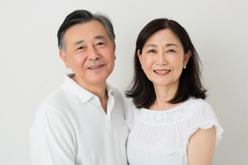 二人で寄り添う仲良しな日本人の年配の夫婦（カップル・おしどり夫婦・友達夫婦）