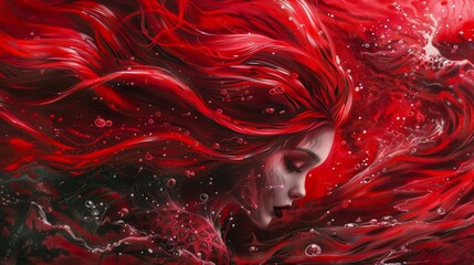 A chilling close-up of a mermaid emerging from the crimson waves, her siren song echoing through the still night - obrazy, fototapety, plakaty