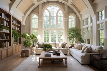 Fototapeta na wymiar Vaulted Ceiling Living Room: Sofa Lounge Area with High Arch Window Design