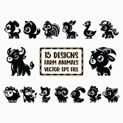 Set of 15 cartoon farm animals, black silhouette vector.
 - obrazy, fototapety, plakaty