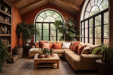 Terracotta Cushioned Sofa: Vaulted Ceiling Living Room Designs Infused with Natural Vibes
