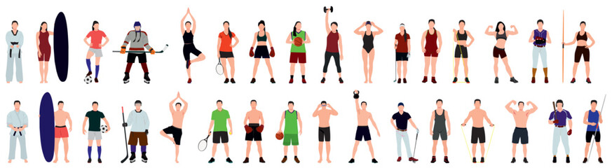 Collection men and women athletes. Bundle of fitness people  vector illustrations.