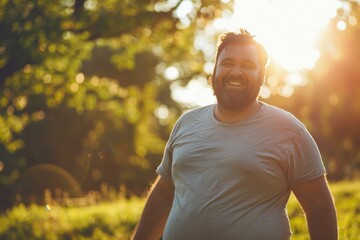 Overweight man smiles and jogs to maintain his health and lose weight from obesity in the park.