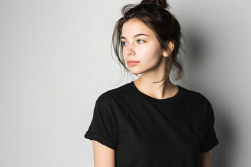 Blank Black T-Shirt Mockup on Female Model. Empty Shirt Template