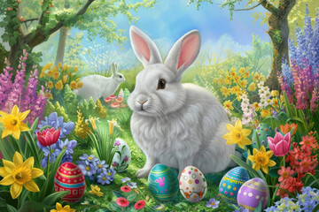 Bunny amidst colorful eggs and spring flowers