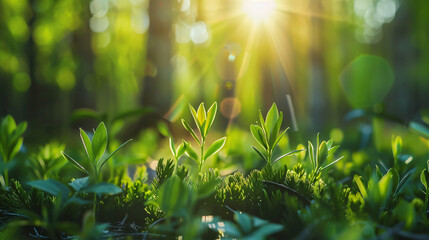green shoots in the forest sun rays in the morning