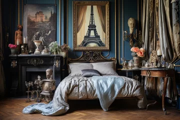 Deurstickers Vintage Parisian Bedroom Decor: Celebrating Art with Classic Sculptures and Tapestries © Michael