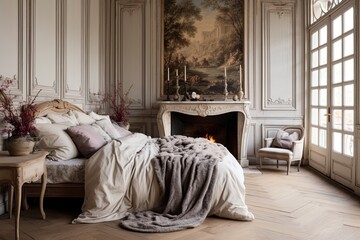Vintage Parisian Bedroom: Artful Bliss with Classic Sculptures and Tapestries