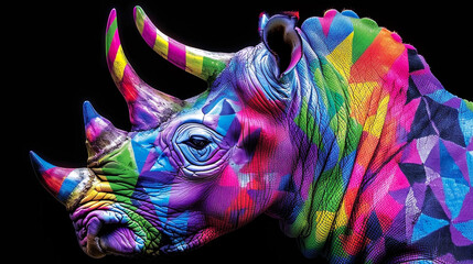 Exotic animals Rhinoceros roam radical, colorful fields, a fantastical vision grounded in realism