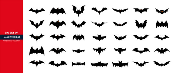 Horror black bats set of icon. flying bats, Halloween bats.