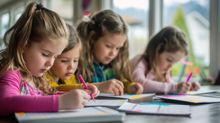 Little girls doing homework in classroom