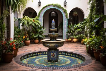 Fototapeta na wymiar Pristine Water Fountains & Vibrant Mosaics in Spanish Courtyard Splendor