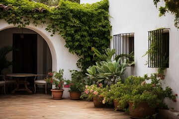 Fototapeta na wymiar White Stucco Walls Amid Lush Greenery: Spanish Courtyard Contrast