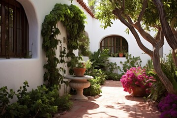 Fototapeta na wymiar Spanish Courtyard Oasis: White Stucco Walls with Deep Green Plant Contrast