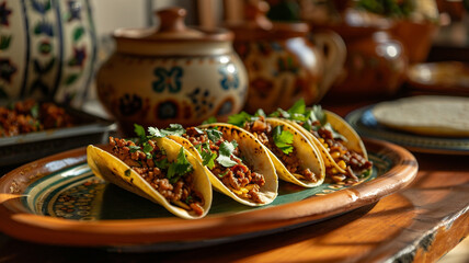 Delicious tacos on a plate in the kitchen