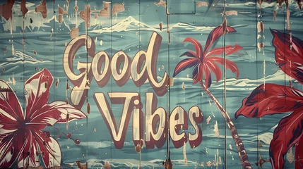 Schilderijen op glas A Typography background with the word " Good Vibes " on a vintage style Red Hibiscus Flowers Typography commercial Background © Zense