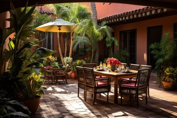 Obraz premium Spanish Courtyard Oasis: Woven Textiles Cast a Shaded Ambiance