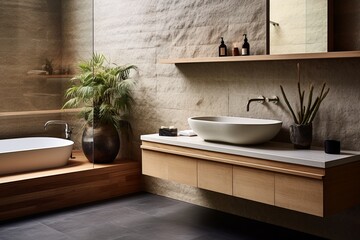 Zen-Inspired Bathroom Oasis: Natural Stone Basins & Minimalist Wooden Cabinets Retreat.