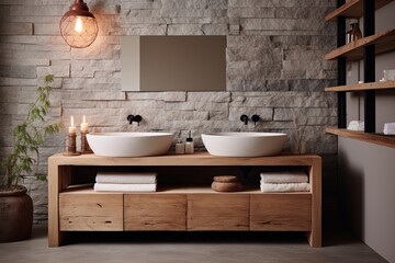 Fototapeta na wymiar Zen Stone Basin Bathroom Oasis: Minimalist Wooden Cabinets Concept