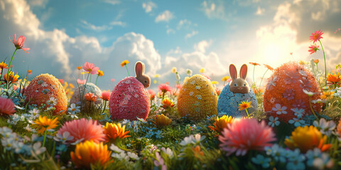 Fototapeta na wymiar Easter Bunny with Colorful Eggs in Nature - Happy Easter