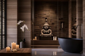 Earth-Toned Tile Elegance: Zen Bathroom Retreats with Serene Buddha Statues