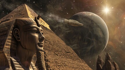 Cyber enhanced Sphinx gazing at a moon where UFOs orbit observed through high tech robotic operated telescopes - obrazy, fototapety, plakaty