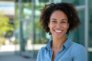 Smiling woman in a blue shirt