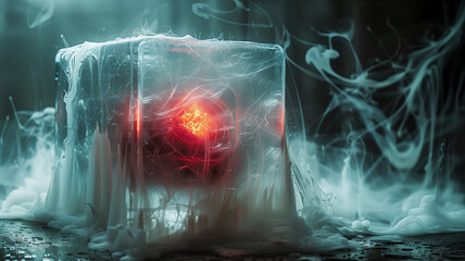Mystical Red Glowing Object in a Rectangular Glass Tank. Futuristic disturbing art object.