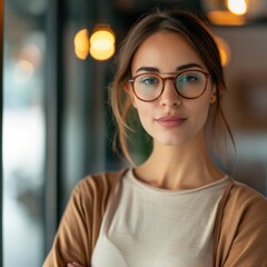 Attractive woman with glasses confidently posing in a tan sweater and glasses