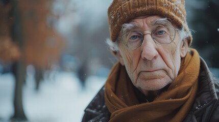 An older man wearing glasses and a scarf in the snow, AI - obrazy, fototapety, plakaty