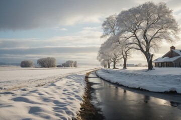 Obraz premium a river running through a snow covered field, snowy landscape, winter landscape, snow landscape, winter setting. 