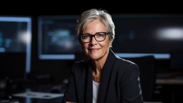 Executive secretary surrounded by office technology