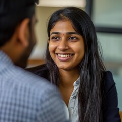 A man and a woman having a friendly conversation in an office setting