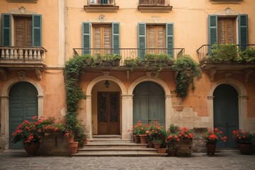 a building with a bunch of potted plants in front of it, mediterranean architecture, old roman style, palermo city street, old apartment, italian renaissance architecture, italian style. 