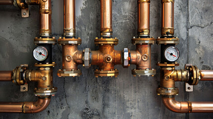 manifold collector with pipes in boiler room - obrazy, fototapety, plakaty