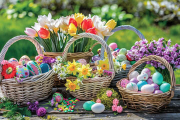 Fototapeta na wymiar Colorful Easter baskets filled with eggs, flowers, and treats