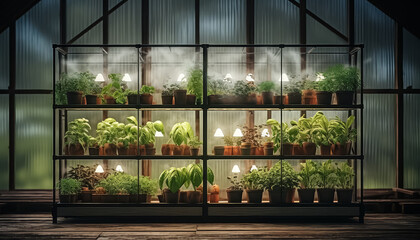 Greenhouse with plants and glass walls - obrazy, fototapety, plakaty