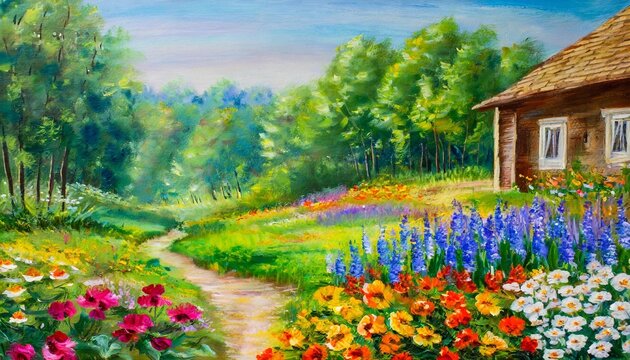 oil painting landscape garden near the house colorful flowers summer forest